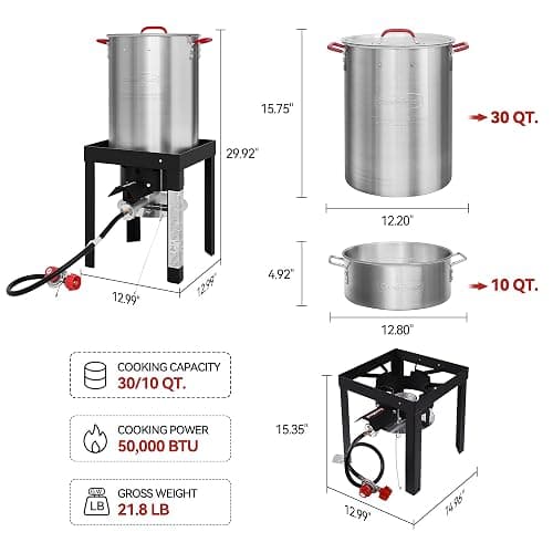 CreoleFeast TFS3010 Propane 30 Qt. Turkey and 10 Qt. Fish Fryer Boiler Steamer Set, 50,000 BTU Burner, Ideal for Outdoor Cooking thumbnail 3