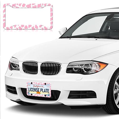 Cow Print License Plate Frame - 2 PCS Cute Pink Cow Print Animal Spots License Plate Holder, Rust-Proof Stainless Steel License Plate Cover Decoration with Screws Caps for Standard Us 12x6 Inch thumbnail 5
