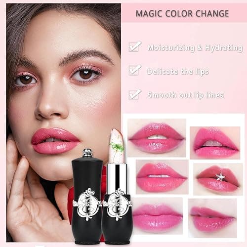 firstfly Pack of 6 Crystal Flower Jelly Lipstick, Long Lasting Nutritious Lip Balm Lips Moisturizer Magic Temperature Color Change Lip Gloss (Black) thumbnail 6
