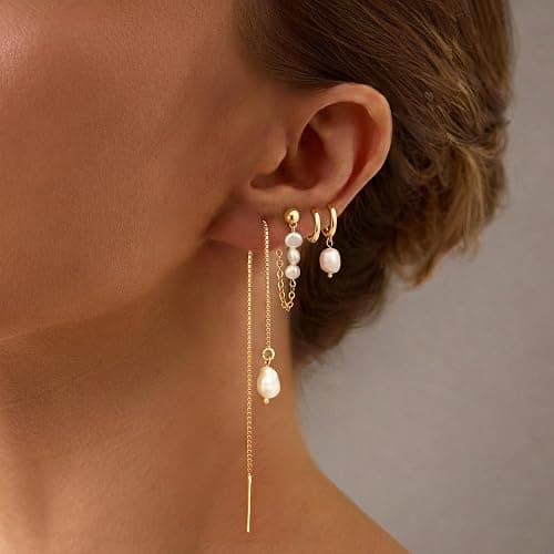 Pearl Earrings for Women, Gold Plated Huggie Hoop Drop Earrings | Hypoallergenic pearl hoop earrings designed for multiple piercings, cartilage styling and everyday wear thumbnail 2