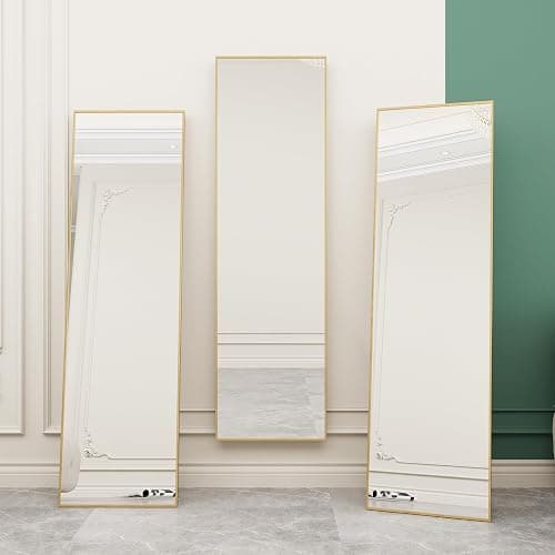 Floor Mirror 150 x 40 cm, Full Length Rectangular Floor Mirror, Wall Mirror for Hanging or Standing, with Black Aluminium Frame, for Bathroom, Bedroom, Entryway (Gold, 150 x 40 cm) thumbnail 3