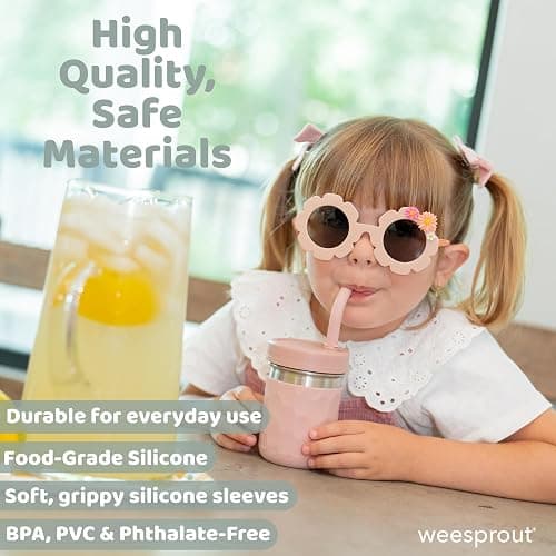 WeeSprout 2-in-1 Drinking Cups for Kids, Durable Stainless Steel Tumbler for Smoothies, Silicone Straws with Stoppers, Premium Plastic Twist Lids, Easy-Grip Sleeves, Set of 4 Dishwasher Safe Kid Cups thumbnail 4