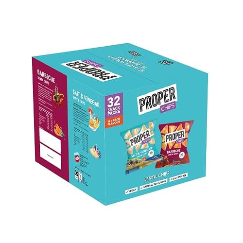 PROPER - Multipack Box, Barbecue and Salt & Vinegar Lentil Chips, Vegan, Gluten Free Snacks, 14g, 32 Packs, (16 bags of each flavour) - Image 1