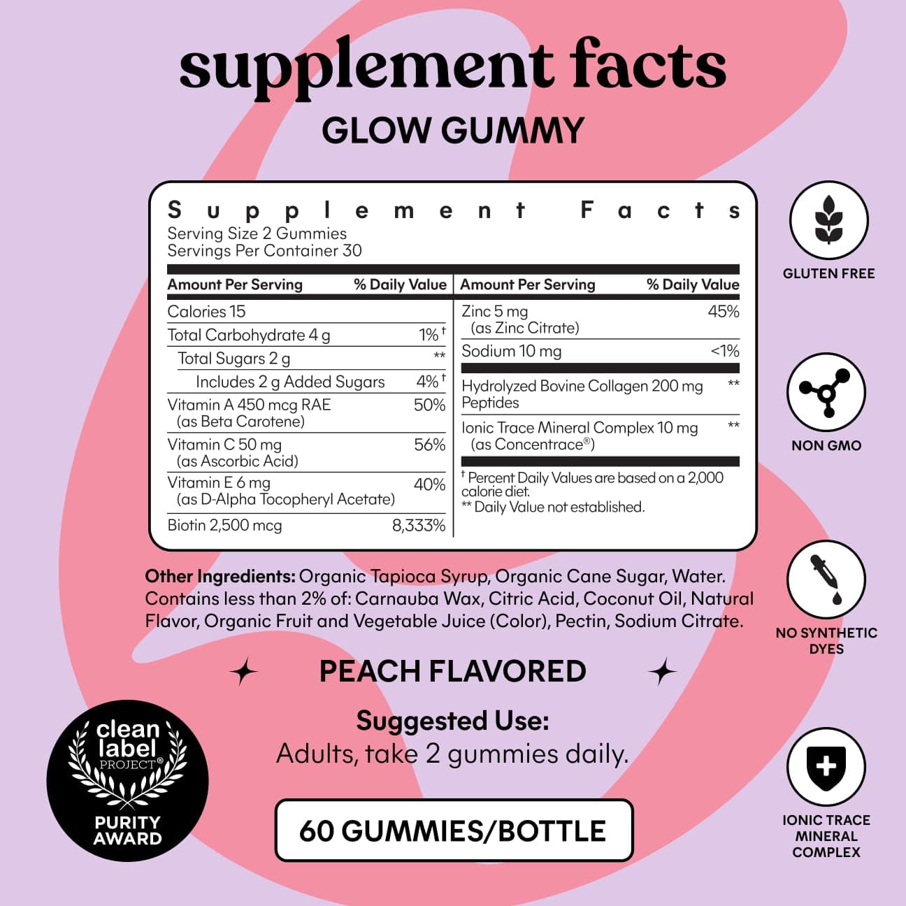 Lemme Glow Collagen Hair Gummies for Strong, Thick Hair & Reduced Shedding with Multi-Collagen Peptides, Biotin, Trace Minerals, Zinc, Vitamins A, C & E, Dairy & Gluten Free, Peach Flavor, 60 ct. thumbnail 6
