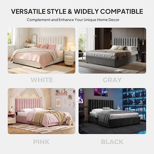 Welzona Queen Bed Frame with Storage and Headboard, Velvet Upholstered Metal Platform Corner Bed with Vertical Tufted Headboard, 2 Storage Drawers, 3-Height Level, Noise Free, Easy Assembly, White thumbnail 6