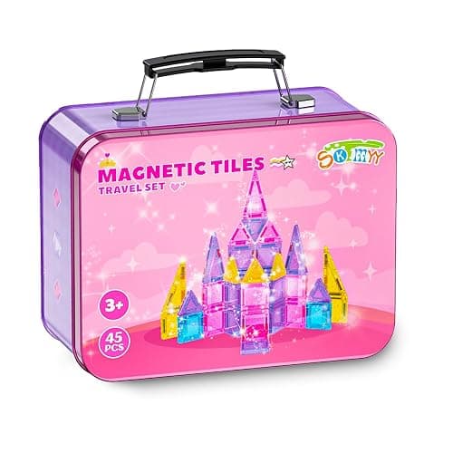 SKTMYY Mini Magnetic Tiles,45PCS Portable Travel Magnetic Tiles Set with Iron Case for Kids Ages 3+,Creative STEM Montessori Toy for Girls,2 3 4 5 Year Old Girl Birthday Gift - Image 1