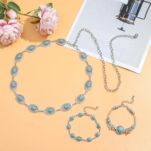 NEWITIN 20 Pieces Silver Bohemian Jewelry Set for Women Fashion Costume Jewels Turquoise Necklace Bracelet Ring Earrings Western Turquoise Jewelry Set for Women thumbnail 3