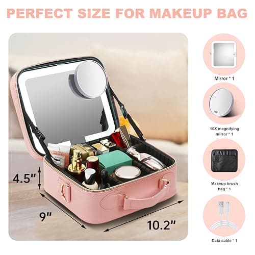 Mocado Travel Makeup Bag with LED Lighted Mirror,Travel Makeup Organizer,Makeup Case with 8 Makeup Brushes and 10x Magnifying Mirror,3 Colors Lighting, Adjustable Dividers Makeup Box(Pink) thumbnail 2