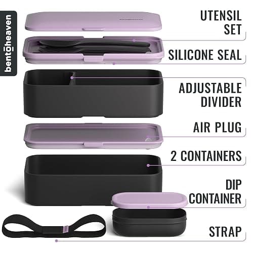 Bentoheaven Premium Bento Box Adult Lunch Box with Compartments for Women & Men, Set of Utensil & Chopsticks & Dip Container, Cute Japanese Kids Bento Lunch Box, Microwavable (Violet Me Go) thumbnail 4