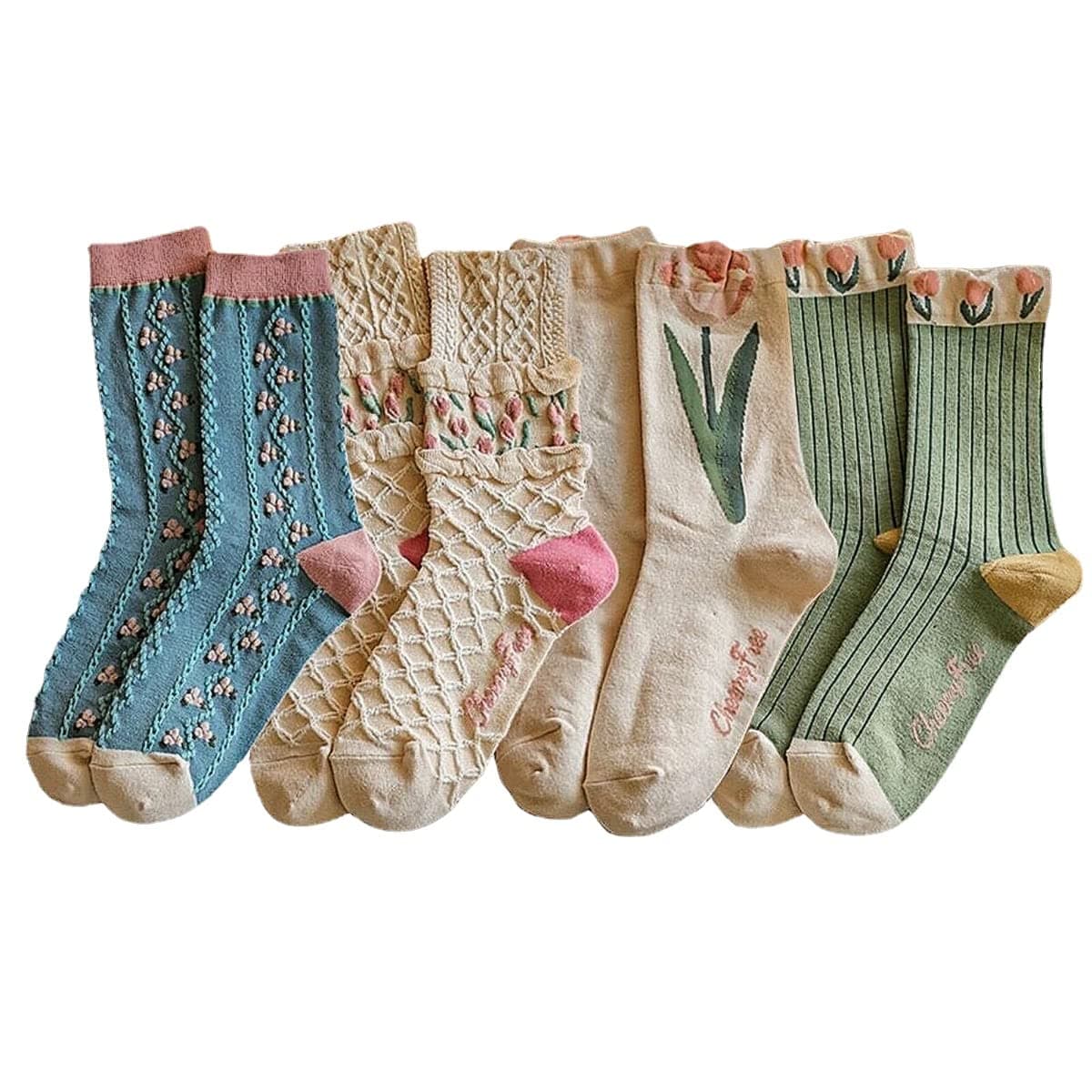 Casual Vintage Floral Cotton Socks for Women 4 Pairs Cute Ruffle Slouch Socks 5-9 for Teen Grils Above Ankle Athletic Socks, Tulip Series(4 Pairs), 5-9 - Image 1