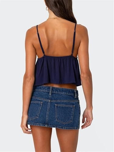 Women Y2k Flowy Ruffle Hem Cami Tank Top Casual Solid Color Deep V Neck Sleeveless Peplum Camisole Summer Beachwear thumbnail 4