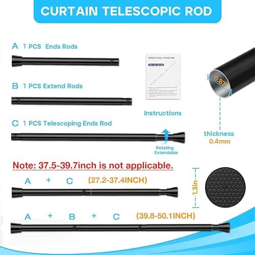Black Spring Tension Curtain Rod 28-52 Inches, 7/8" Diameter Adjustable Shower Curtain Rod No Drill, Anti-slip Heavy Duty Spring Curtain Rod for Windows Bathroom Kitchen Closet Doorway thumbnail 3