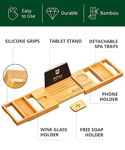 ROYAL CRAFT WOOD Premium Foldable Bathtub Tray Caddy - Wood Bath Tray for Tub, Bamboo Shelf, Expandable Bath Table Trays, Bathtub & Bathroom Accessories for New Home & Mothers, Birthday Gifts for Mom thumbnail 5