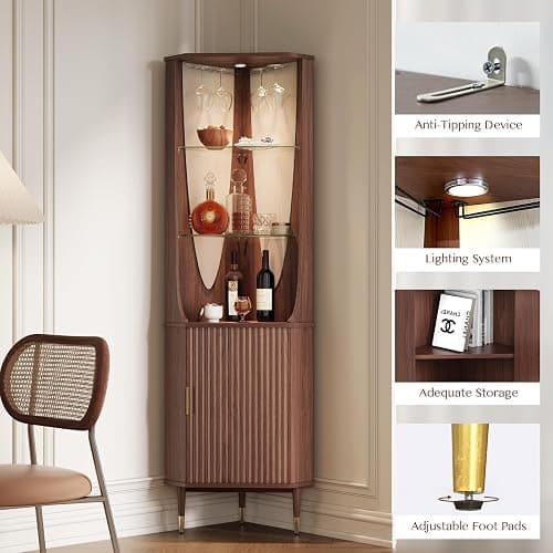 70" Tall Corner Cabinet, Mid Century Modern Cabinet with Doors, Fluted Corner Bar Cabinet with Glass Holder, Lights and Storage Shelves, Wine Bar Cabinet for Liquor, Living Room, Kitchen, Walnut thumbnail 3