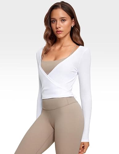 INGIA Womens V-Neck Long Sleeve Cross Wrap Top Slim Fit Soft Knit Layering Shirt Casual Yoga Gym Bandage Tie Tops thumbnail 3