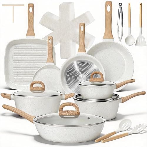 EWFEN 25 Pcs Pots and Pans Set, Nonstick Ceramic Cookware Sets, Healthy Non-Toxic, Large Capacity, Induction Compatible, Cooking Set with Frying Pans & Saucepans, PFAS/PTFE/PFOA Free, Cream White - Image 1