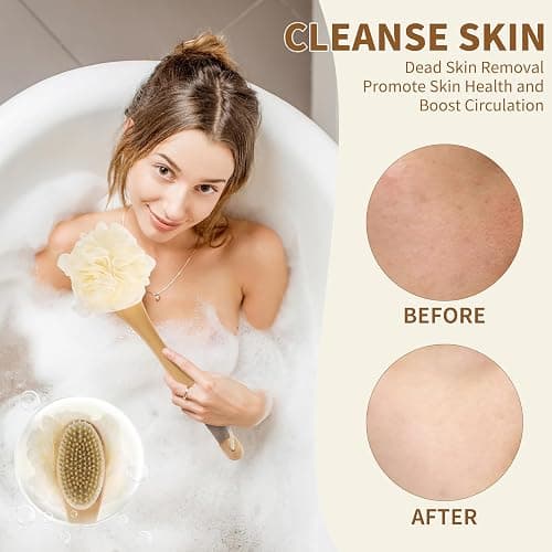 DEBETOOL Shower Loofah with Handle - Wooden Long Handle Shower Body Brush with Loofah for Exfoliating, Natural Loofah Back Scrubber for Women and Men thumbnail 5