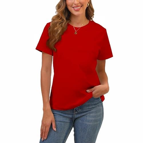 Cotton Basic T Shirts for Women,Crew Neck Short Sleeve Summer Shirts,Solid Loose Fit Tshirt, Plain Workout Tops, Undershirts - Image 1
