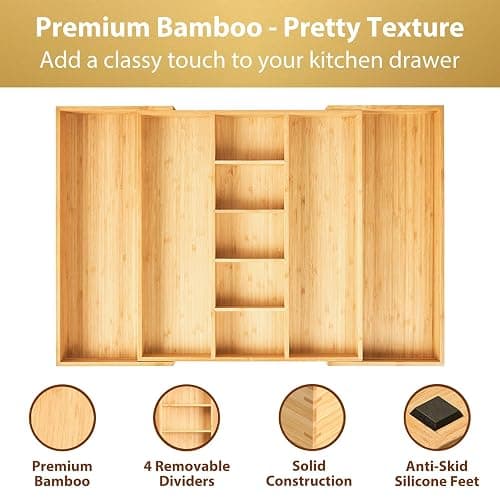 Umilife Extra Large Expandable Kitchen Drawer Organizer for Utensil and Junk, 19" Deep for Big Drawer, 17" to 28" Adjustable Bamboo Wood Drawer Divider, Cutlery Tray, Flatware Holder thumbnail 3