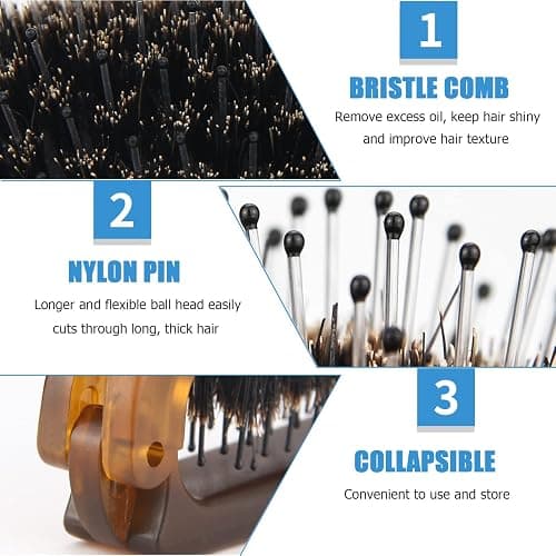 Travel Folding Hair Brush, Collapsable Portable Pocket Boar Bristle Hair Brush for Thin Thick Hair, Mini HairBrushfor Men Women Kids Thick Thin Curly Straight Wet Dry Hair Restore Shine thumbnail 2