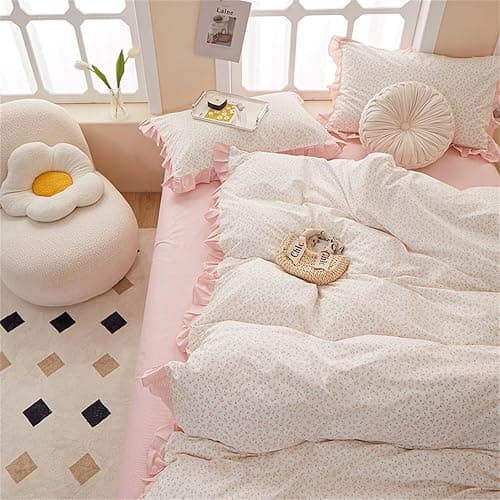 MKXI Full Size Small Floral Ruffle Comforter Set - 3 Piece Countryside Floral Comforter with Pillow Shams, Reversible White Pink Princess Bedroom Collection, Soft Aesthetic Bedding Set for Teen Girls thumbnail 4