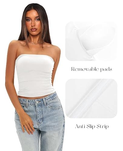 Darong Womens Padded Tube Tops Bulit in Bra Strapless Crop Tops Bandeau Double Lined Basic Going Out Tank Top thumbnail 3