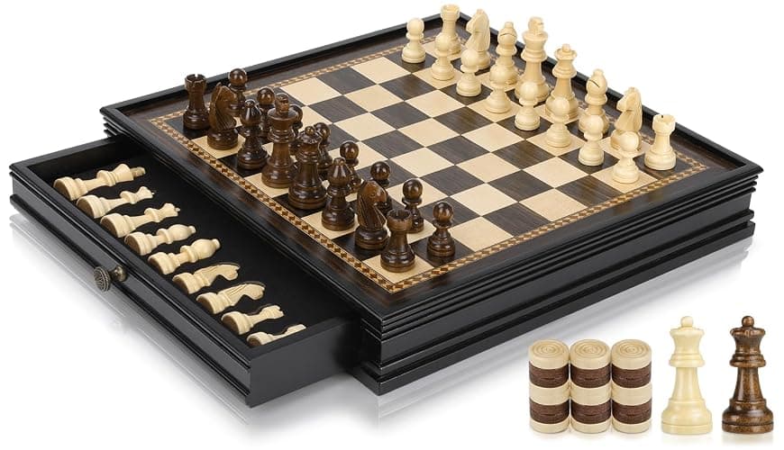 Peradix Magnetic Chess and Checkers Set with 2 Built-in Storage Drawers, Classic 2 in 1 Wooden Board Games, Magnetic Chess Pieces 2 Extra Queens, 12.8" Chess Set for Adults and Kids Gift Package - Image 1