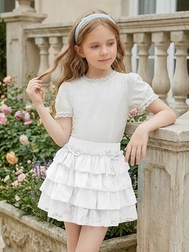 Girls Ruffle Tiered Mini Skirt Kids Cute Bowknot Lace Trim Lolita Skirts with Shorts 5-14 Years thumbnail 2