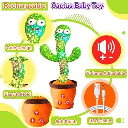 Rechargeable Dancing Talking Cactus Toy for Baby, Volume Adjustable, Singing, Mimicking, Repeating, Kids Baby Toys for Girls Boys, Birthday or Chirstmas Gifts for Grandkids, Stocking Stuffers for Kids thumbnail 8