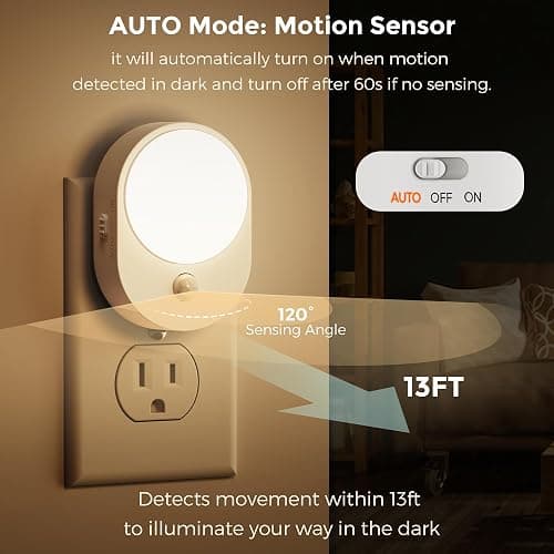 L LOHAS LED Motion Sensor Night Light,[2-PACK] Night Lights Plug into Wall,Motion Sensor and Dusk to Dawn Sensor,3000K Soft White,30/60/100lm Brightness Dimmable,Nightlight for Bathroom Hallway thumbnail 4