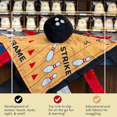 Baby Jack & Co 10x10 Bowling Sports Lovey Sensory Plush Blanket - Tag Toys for Babies - Baby Stroller Toys - Learn Shapes, Letters & Colors - Perfect MVP Baby Toy & Baby Sports Gift w/Stroller Clip thumbnail 6