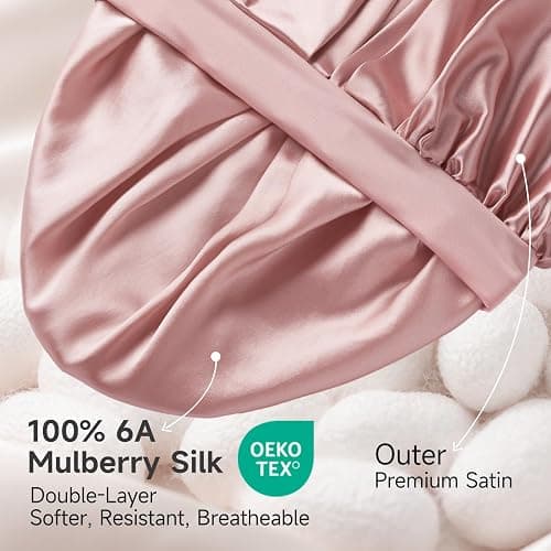 22 Momme 100% Real Mulberry Silk Bonnet for Sleeping Women, Large Hair Care Bonnet for Long Curly Hair, Double Layer Silk Wrap with Soft Elastic Band, Non-Slip Sleep Cap, Pink thumbnail 2