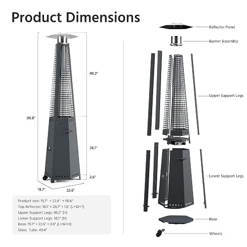 LAUSAINT HOME Pyramid Patio Heater, 48,000 BTU Outdoor Propane Heaters for Outdoor Use, Upgraded 91" Quartz Glass Tube Heater for Patio, Deck Backyard Commercial with Tip-Over Protection thumbnail 2