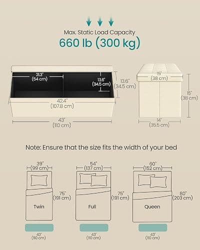 SONGMICS MAZIE Collection - 43 Inches Folding Storage Ottoman Bench, Ottoman Foot Rest, End of Bed Bench, Storage Chest, Load 660 lb, for Living Room, Bedroom, Entryway, Cream White ULSF77BE - Cream White - 15"D x 43"W x 15"H thumbnail 2