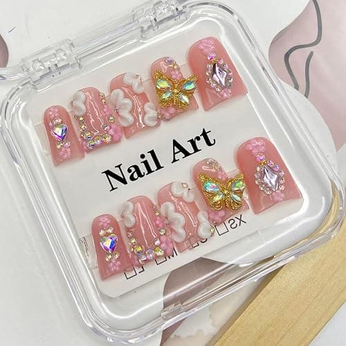 Butterfly Press on Nails, Muti-Layer Gel Handmade Press on Nails Medium, Duck Shaped False Nails with Rhinestone Flower, Full Cover Thickened Fake Nails Designs Stick on Nails for Women Nail Art DIY thumbnail 3