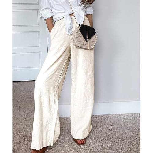 Duyang Womens Cotton Linen Palazzo Pants Drawstring Elastic Waist Casual Wide Leg Trousers with Pockets thumbnail 6