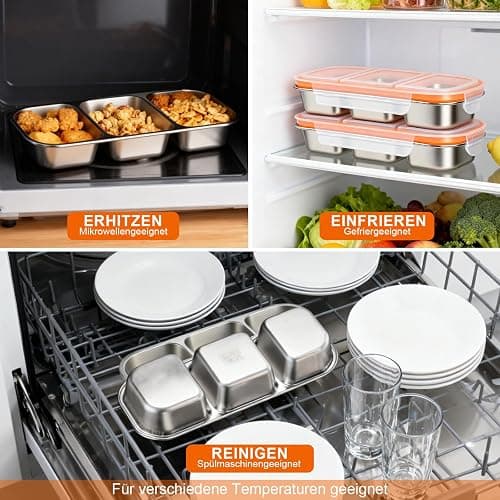 Snackbox,2 Stück Edelstahl Snack-Behälter mit Fächern und Transparent Kunststoff-Deckel, Stapelbar Edelstahl Lebensmittel Lagerung Brotzeit Behälter,Tragbare Snack-Platten für Schule Arbeit Camping thumbnail 5