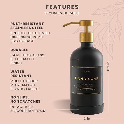 Hand and Dish Soap Dispenser for Kitchen and Bathroom, Set of 2 16 Oz Glass Bottles, Stainless Steel Pumps, Non-Slip Silicone Base, 27 Waterproof Labels (Matte Black Bottle/Brushed Gold Pump) thumbnail 3