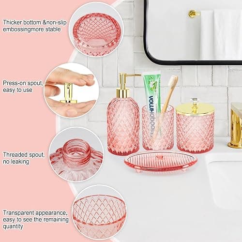 Haturi Glass Bathroom Accessories Set, Light Pink Bathroom Set, 4 Pcs | Kit w/ Bathroom Soap Dispenser Set, Toothbrush Holder, Qtip Holder, Vanity Tray, Pink Bathroom Decor, Gift for Home Apartment thumbnail 5