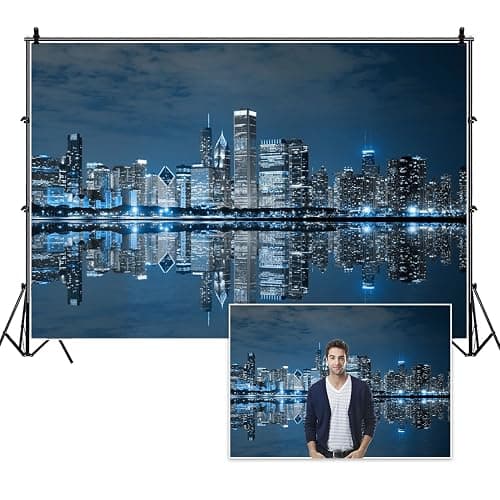 DORCEV Skyline City Night Landscape Photography Backdrop Business Modern City Chicago Downtown Night Background for Party Decoration Birthday Kids Boy Photoshoot Photo Background Props - Image 1