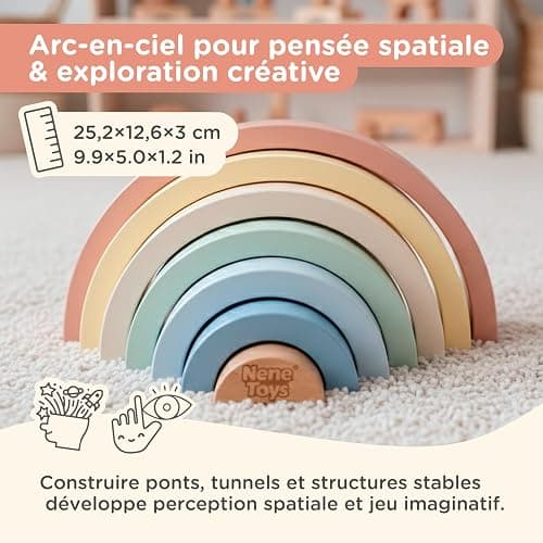 Nene Toys Jouet Montessori en Bois 3-en-1 pour Bébé 1 an – Arc-en-Ciel en Bois, Tour à Empiler & Jeu d’Encastrement – Jouet d’Éveil Enfant 1–3 Ans – Idée Cadeau Fille Garçon – Couleurs Pastel thumbnail 3