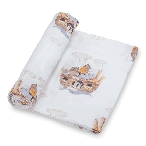 LollyBanks Muslin Swaddle Blanket | 100% Muslin Cotton | Gender Neutral Newborn and Baby Nursery Essentials for Girls and Boys, Registry | Noah's Ark Print - Image 1