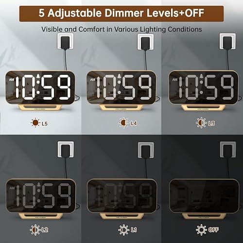 Peakeep Slim Digital Mirror Aesthetic Alarm Clock for Bedrooms Desk Decor - Plug in Electric Big LED Modern Small Clock for Office Living Room, Battery Backup, 6 Dimmers (Gold) thumbnail 4