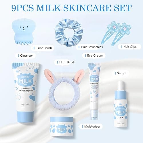 9PCS Milk Skin Care Sets & Kits for Teenage Girls-Moisturizing and Hydrating Skincare Sets- Facial Cleansing Brush & Cleanser, Serum, Face & Eye Cream, Hair Clip&Tie,Complete Gift Sets for Women thumbnail 2