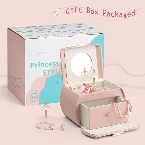 Vlando Kids Musical Jewelry Box for Girls with Drawer, Music Box with Ballerina and Stickers for Birthday Gifts Bedroom Decor, Pink thumbnail 3
