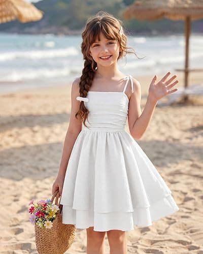 JiAmy Girls Spaghetti Strap Smocked Midi Sundress Party Dress | Ages 7-12 Years; summer spring beach casual sundress, smocked cami, midi party prom dress for holiday photos thumbnail 7