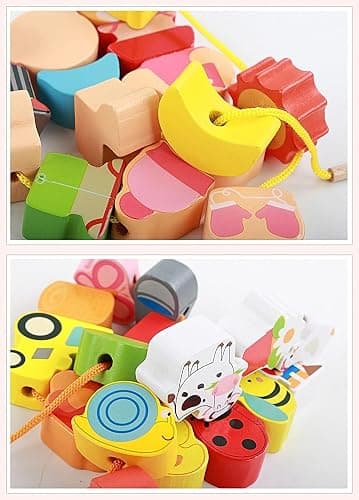 Lacing Farm Toy Wooden Block Set, Early Educational Toys String & Lacing Beads Games for Toddlers Kids Farm Animal Learning Play Set (16 Pieces) thumbnail 6