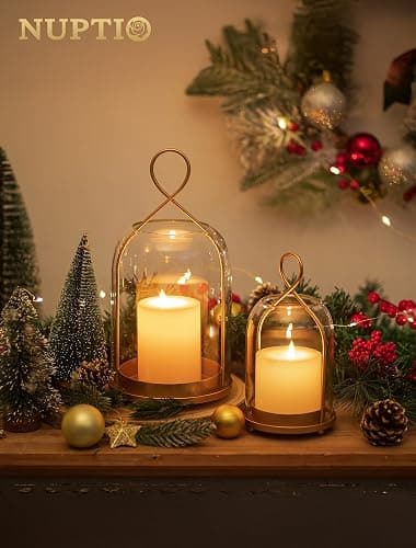 NUPTIO Glass Lanterns Decorative Outdoor: Gold Hurricane Candle Holders for Pillar Candles - Set of 2 Hanging Lantern for Home Thanksgiving Christmas Party Centerpiece thumbnail 4