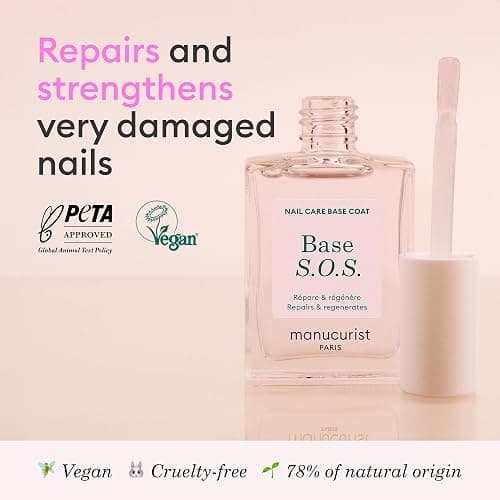 Manucurist S.O.S. Base Coat Nail Strengthener Gel Base Coat | Repairing nail treatment with vitamins C & B5 for very damaged nails. Vegan, up to 78% plant-based, Made in France, 15 ml thumbnail 2
