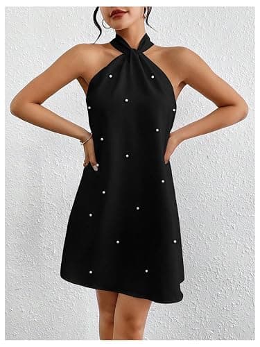 Floerns Women's Pearl Beaded Halter Twist Sleeveless Tie Back Dress A Line Dress thumbnail 5